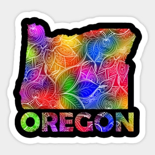 Colorful mandala art map of Oregon with text in multicolor pattern Sticker